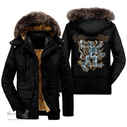 ScotsTee Shop Scottish Stewart Muted Blue Clan Scottish Legend Lion Tartan Faux Fur Hooded Parka Jacket