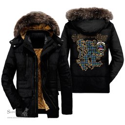 ScotsTee Shop Scottish Weir Ancient Clan Crest Scottish Legend Lion Tartan Faux Fur Hooded Parka Jacket