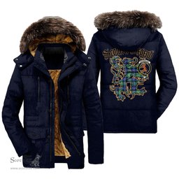 ScotsTee Shop Scottish Sutherland Old Ancient Clan Crest Scottish Legend Lion Tartan Faux Fur Hooded Parka Jacket