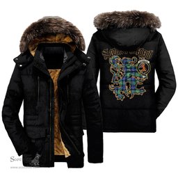 ScotsTee Shop Scottish Sutherland Old Ancient Clan Crest Scottish Legend Lion Tartan Faux Fur Hooded Parka Jacket