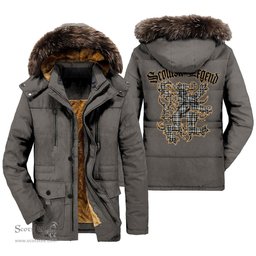 ScotsTee Shop Scottish Scott Black White Ancient Clan Scottish Legend Lion Tartan Faux Fur Hooded Parka Jacket
