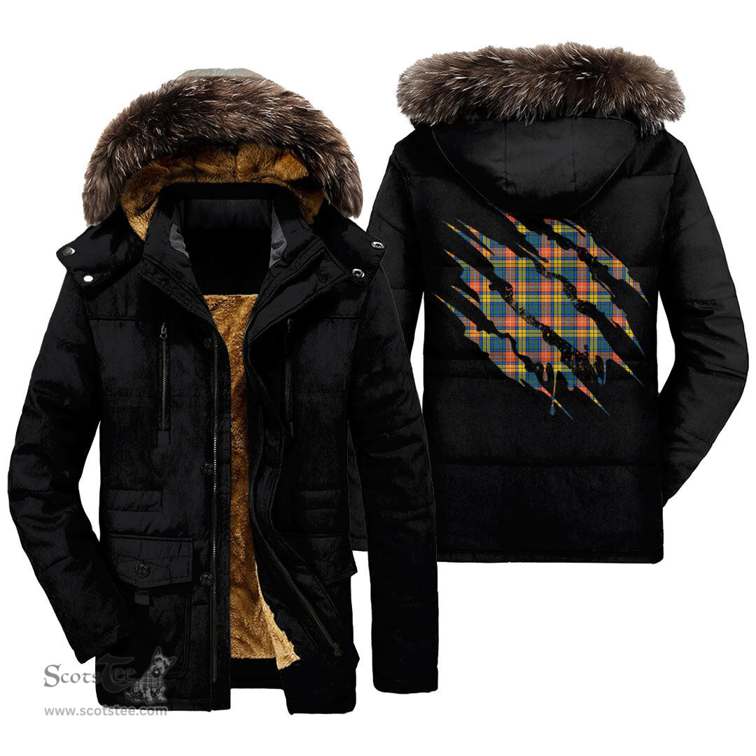 ScotsTee Shop Scottish Buchanan Ancient Clan Tartan Scratch Tartan Faux Fur Hooded Parka Jacket