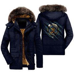 ScotsTee Shop Scottish Baird Ancient Clan Crest Tartan Scratch Tartan Faux Fur Hooded Parka Jacket