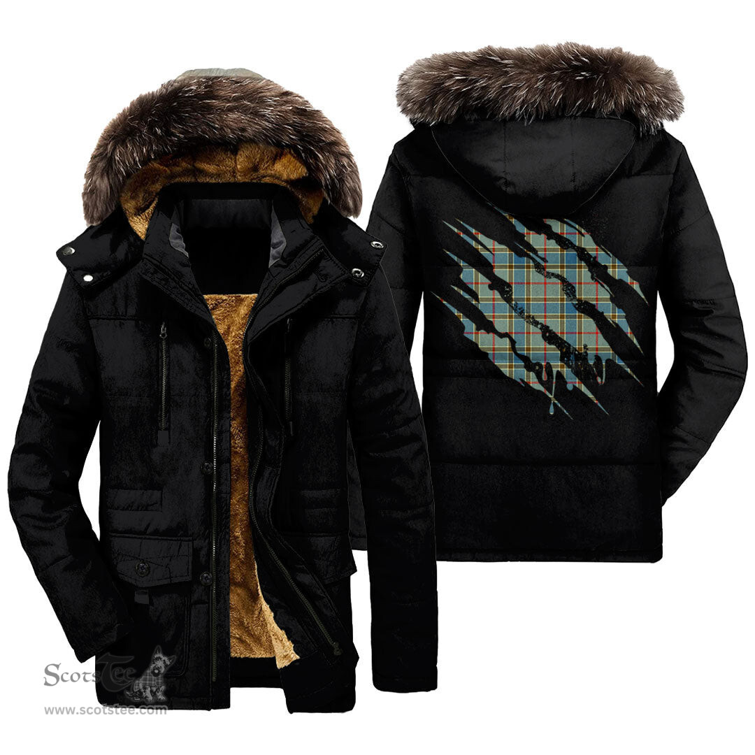 ScotsTee Shop Scottish Balfour Blue Clan Tartan Scratch Tartan Faux Fur Hooded Parka Jacket