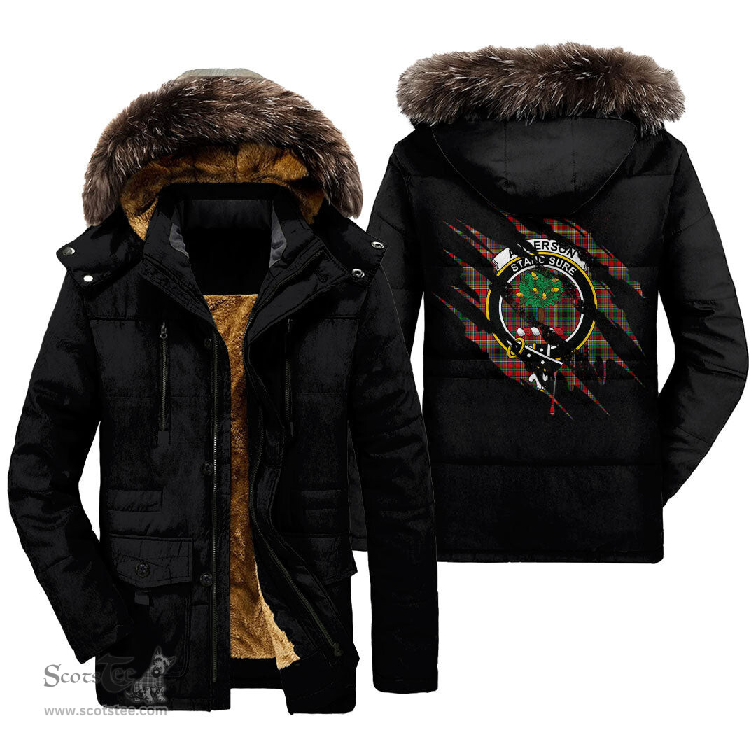 ScotsTee Shop Scottish Anderson of Arbrake Clan Crest Tartan Scratch Tartan Faux Fur Hooded Parka Jacket