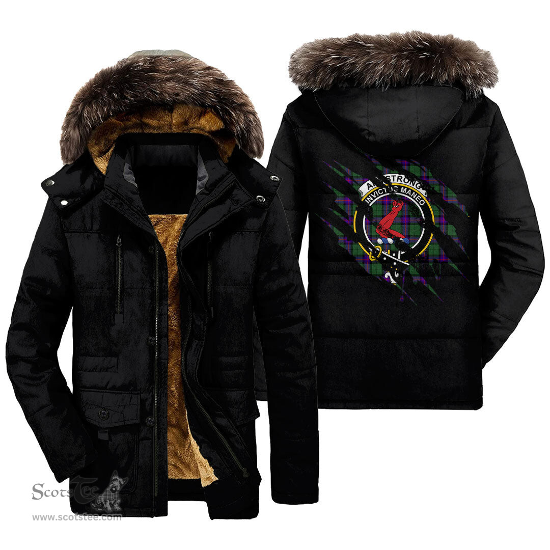 ScotsTee Shop Scottish Armstrong Modern Clan Crest Tartan Scratch Tartan Faux Fur Hooded Parka Jacket