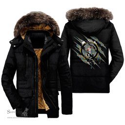ScotsTee Shop Scottish Balfour Blue Clan Crest Tartan Scratch Tartan Faux Fur Hooded Parka Jacket