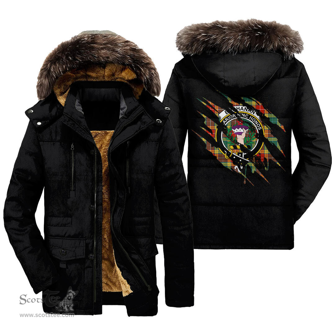 ScotsTee Shop Scottish Buchanan Old Sett Clan Crest Tartan Scratch Tartan Faux Fur Hooded Parka Jacket