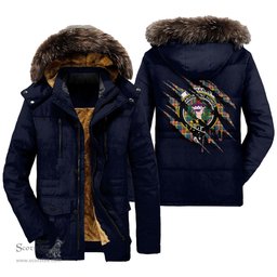 ScotsTee Shop Scottish Buchanan Ancient Clan Crest Tartan Scratch Tartan Faux Fur Hooded Parka Jacket