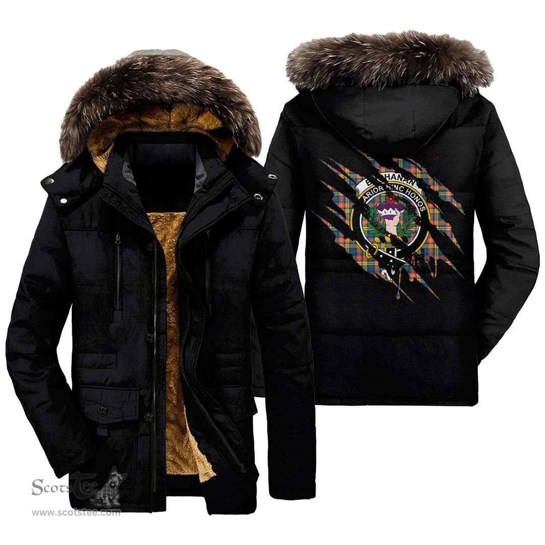 ScotsTee Shop Scottish Buchanan Ancient Clan Crest Tartan Scratch Tartan Faux Fur Hooded Parka Jacket