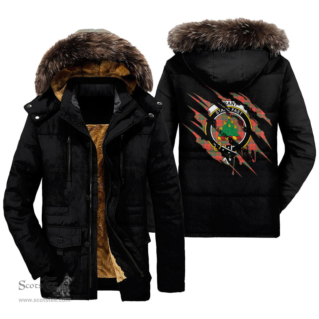 ScotsTee Shop Scottish Grant Ancient Clan Crest Tartan Scratch Tartan Faux Fur Hooded Parka Jacket