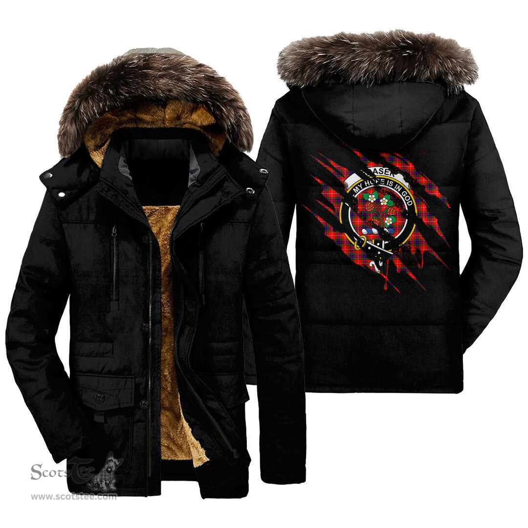 ScotsTee Shop Scottish Fraser Modern Clan Crest Tartan Scratch Tartan Faux Fur Hooded Parka Jacket