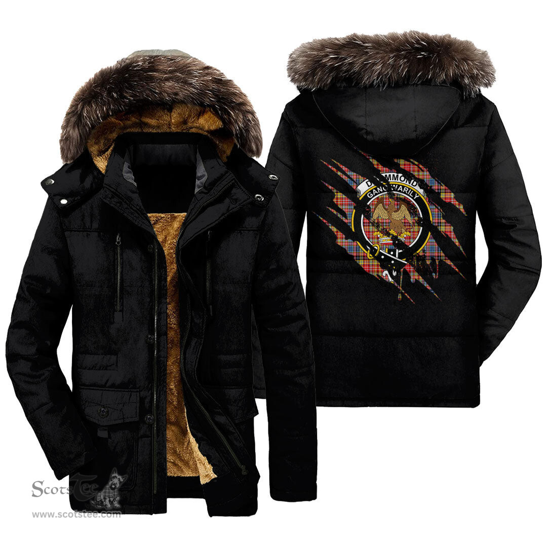 ScotsTee Shop Scottish Drummond of Strathallan Clan Crest Tartan Scratch Tartan Faux Fur Hooded Parka Jacket