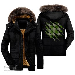 ScotsTee Shop Scottish Cunningham Dress Green Dancers Clan Tartan Scratch Tartan Faux Fur Hooded Parka Jacket