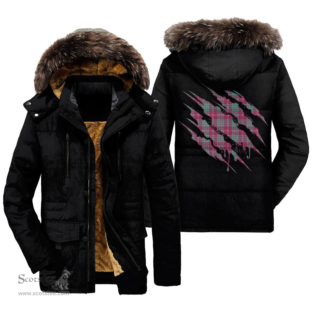 ScotsTee Shop Scottish Crawford Ancient Clan Tartan Scratch Tartan Faux Fur Hooded Parka Jacket