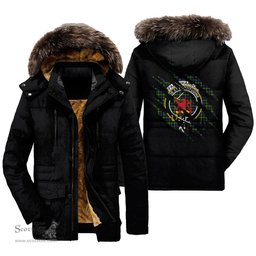 ScotsTee Shop Scottish Farquharson Modern Clan Crest Tartan Scratch Tartan Faux Fur Hooded Parka Jacket