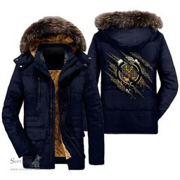 ScotsTee Shop Scottish Gordon Weathered Clan Crest Tartan Scratch Tartan Faux Fur Hooded Parka Jacket