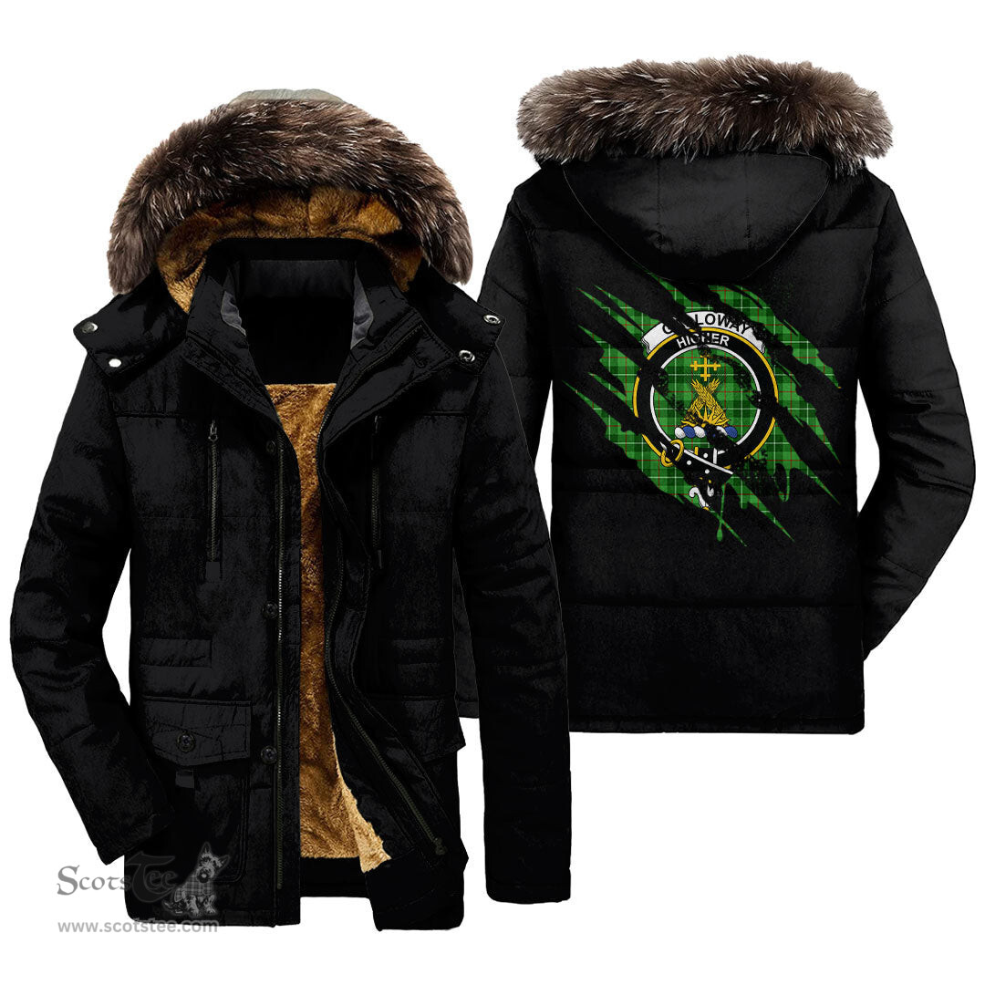 ScotsTee Shop Scottish Galloway District Clan Crest Tartan Scratch Tartan Faux Fur Hooded Parka Jacket