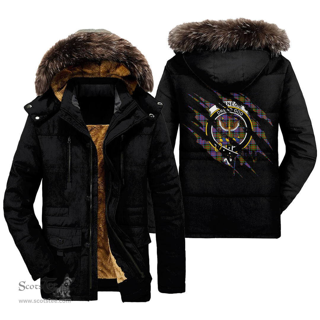 ScotsTee Shop Scottish Carnegie Ancient Clan Crest Tartan Scratch Tartan Faux Fur Hooded Parka Jacket