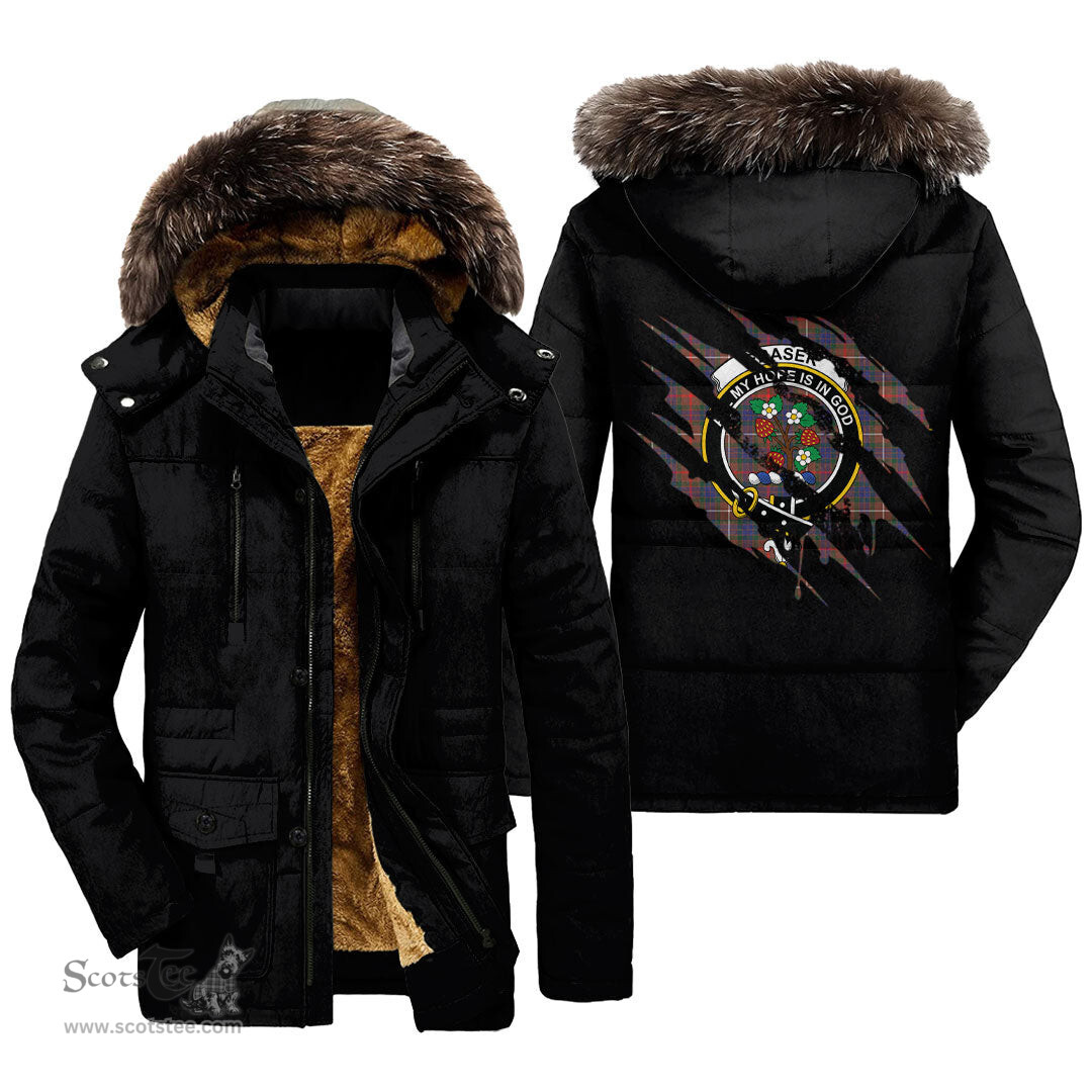 ScotsTee Shop Scottish Fraser Hunting Modern Clan Crest Tartan Scratch Tartan Faux Fur Hooded Parka Jacket