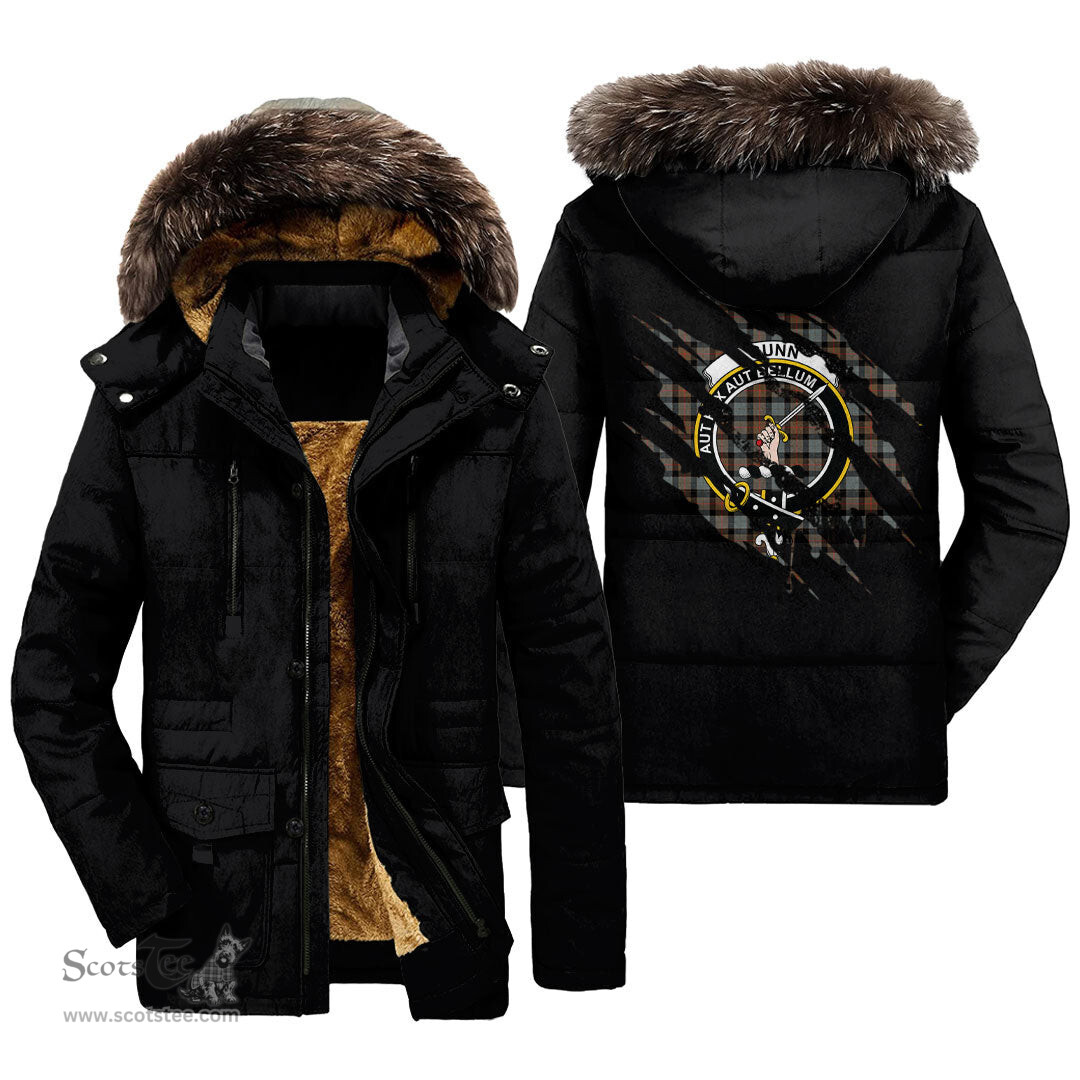 ScotsTee Shop Scottish Gunn Weathered Clan Crest Tartan Scratch Tartan Faux Fur Hooded Parka Jacket
