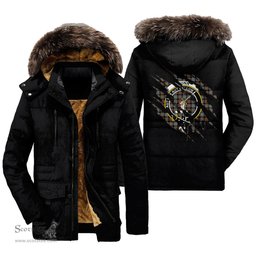 ScotsTee Shop Scottish Gunn Weathered Clan Crest Tartan Scratch Tartan Faux Fur Hooded Parka Jacket