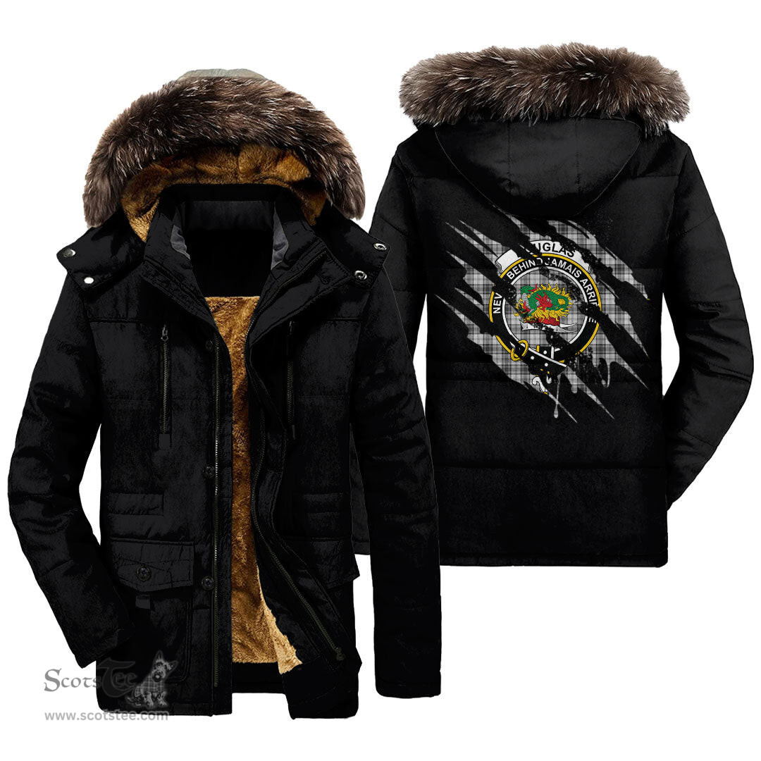 ScotsTee Shop Scottish Douglas Grey Modern Clan Crest Tartan Scratch Tartan Faux Fur Hooded Parka Jacket