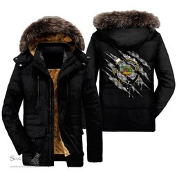 ScotsTee Shop Scottish Douglas Grey Modern Clan Crest Tartan Scratch Tartan Faux Fur Hooded Parka Jacket