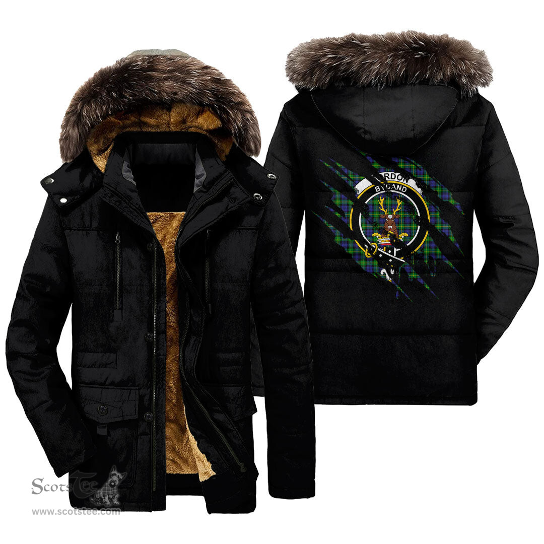 ScotsTee Shop Scottish Gordon Modern Clan Crest Tartan Scratch Tartan Faux Fur Hooded Parka Jacket