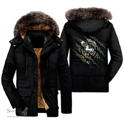 ScotsTee Shop Scottish Cochrane Ancient Clan Crest Tartan Scratch Tartan Faux Fur Hooded Parka Jacket