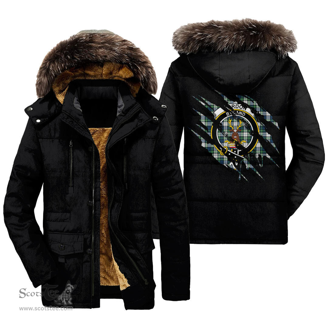 ScotsTee Shop Scottish Gordon Dress Ancient Clan Crest Tartan Scratch Tartan Faux Fur Hooded Parka Jacket