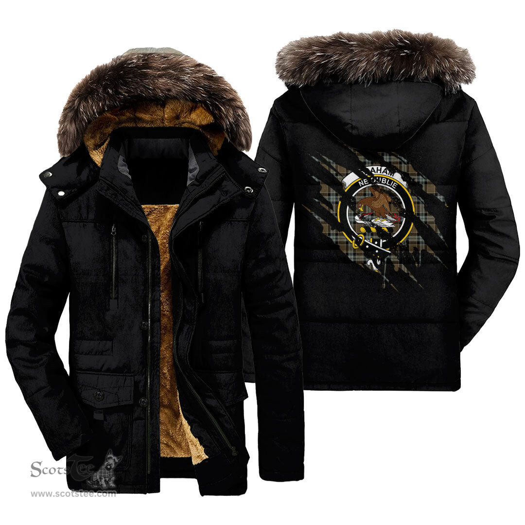 ScotsTee Shop Scottish Graham of Menteith Weathered Clan Crest Tartan Scratch Tartan Faux Fur Hooded Parka Jacket