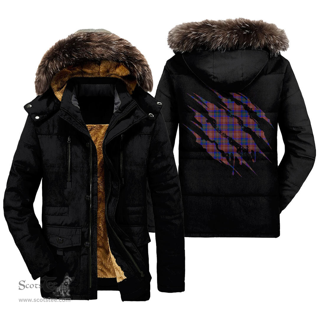 ScotsTee Shop Scottish Chisholm Hunting Modern Clan Tartan Scratch Tartan Faux Fur Hooded Parka Jacket