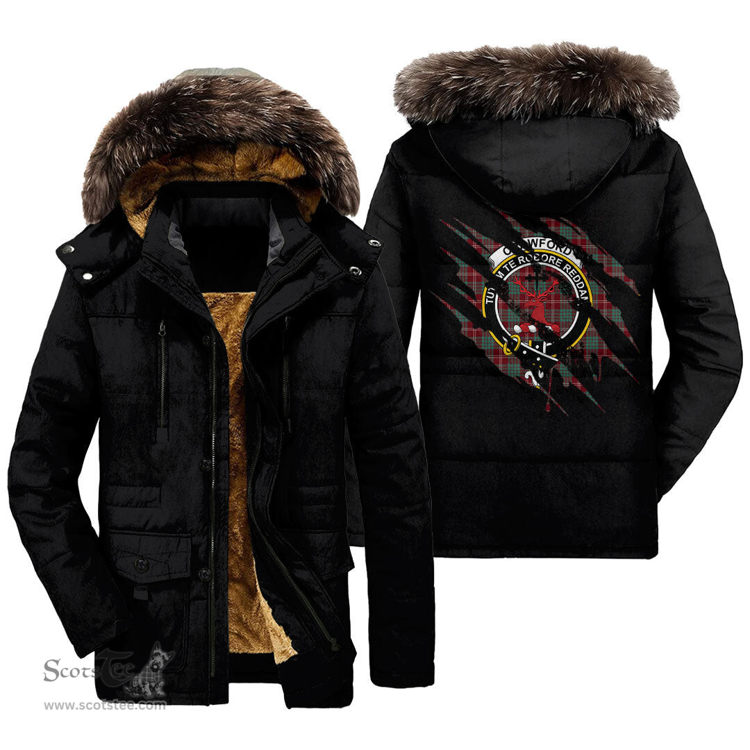 ScotsTee Shop Scottish Crawford Modern Clan Crest Tartan Scratch Tartan Faux Fur Hooded Parka Jacket