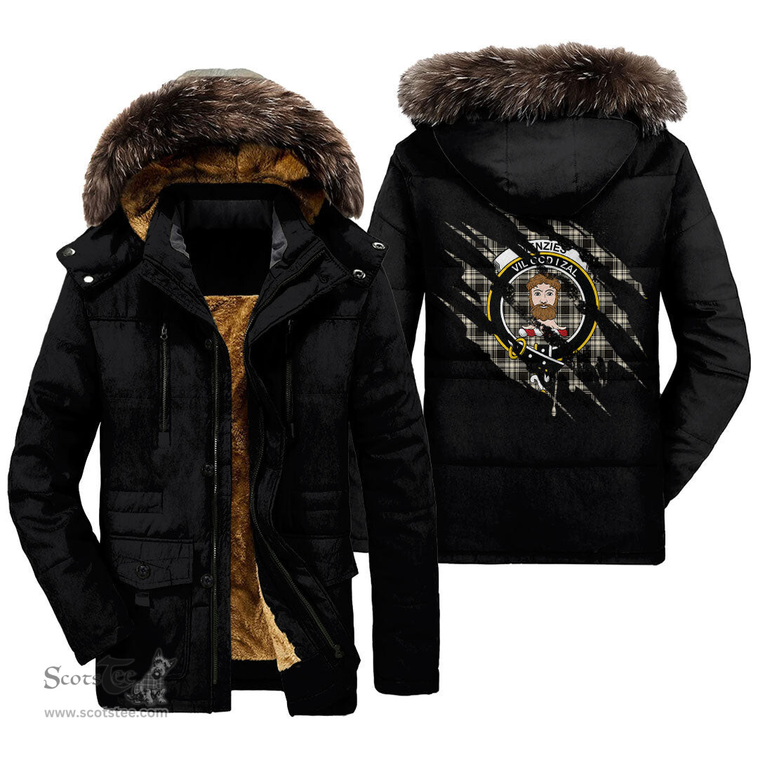 ScotsTee Shop Scottish Menzies Black White Ancient Clan Crest Tartan Scratch Tartan Faux Fur Hooded Parka Jacket