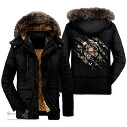 ScotsTee Shop Scottish Menzies Black White Ancient Clan Crest Tartan Scratch Tartan Faux Fur Hooded Parka Jacket
