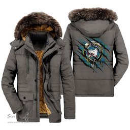 ScotsTee Shop Scottish Lockhart Clan Crest Tartan Scratch Tartan Faux Fur Hooded Parka Jacket