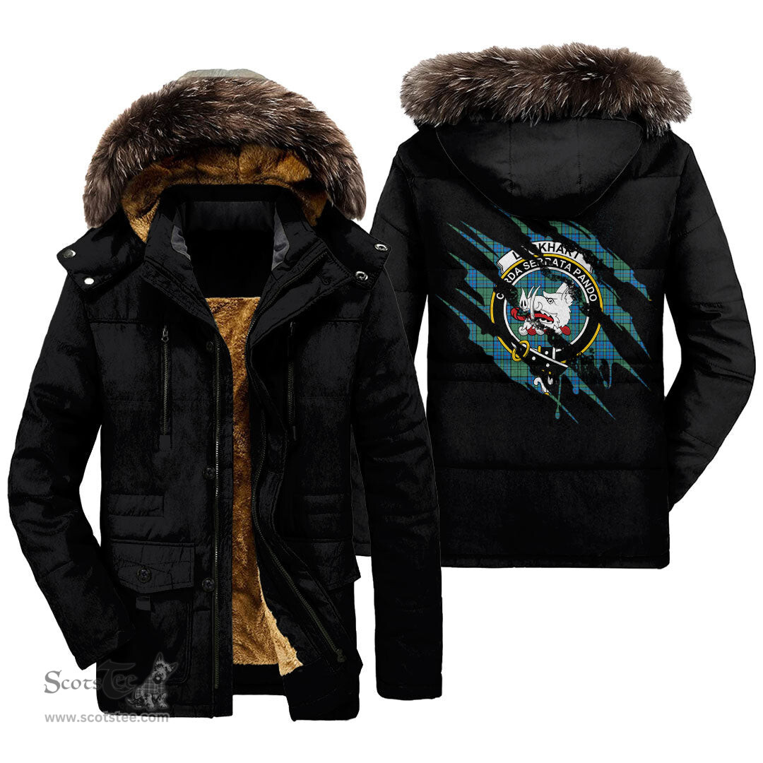 ScotsTee Shop Scottish Lockhart Clan Crest Tartan Scratch Tartan Faux Fur Hooded Parka Jacket
