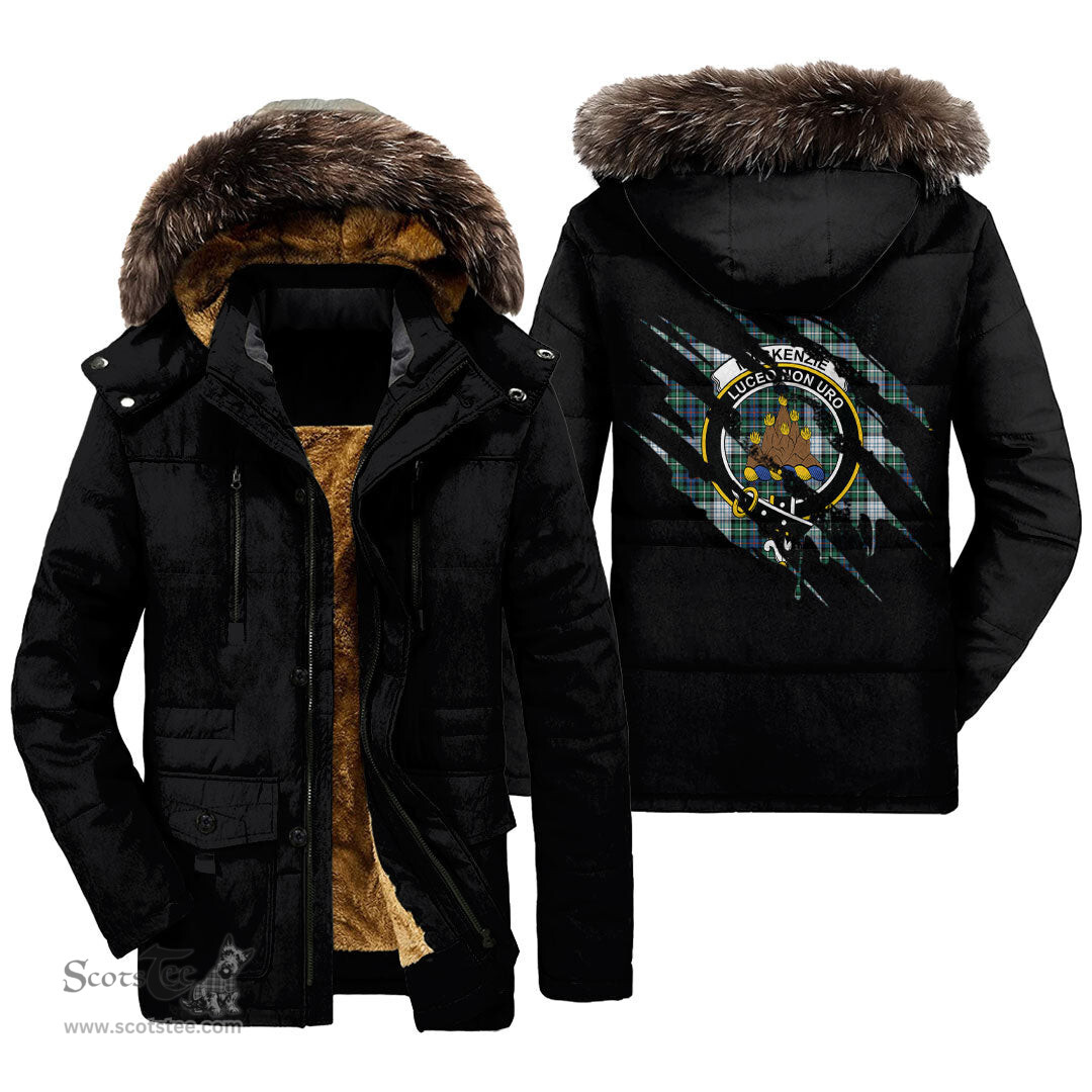 ScotsTee Shop Scottish MacKenzie Dress Ancient Clan Crest Tartan Scratch Tartan Faux Fur Hooded Parka Jacket