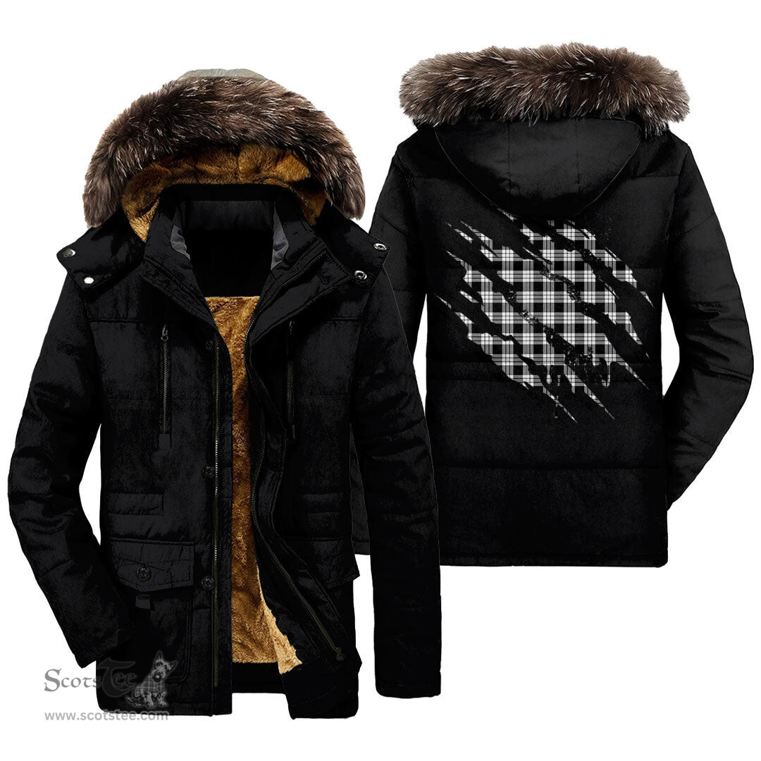 ScotsTee Shop Scottish MacFarlane Black White Clan Tartan Scratch Tartan Faux Fur Hooded Parka Jacket