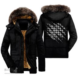 ScotsTee Shop Scottish MacFarlane Black White Clan Tartan Scratch Tartan Faux Fur Hooded Parka Jacket