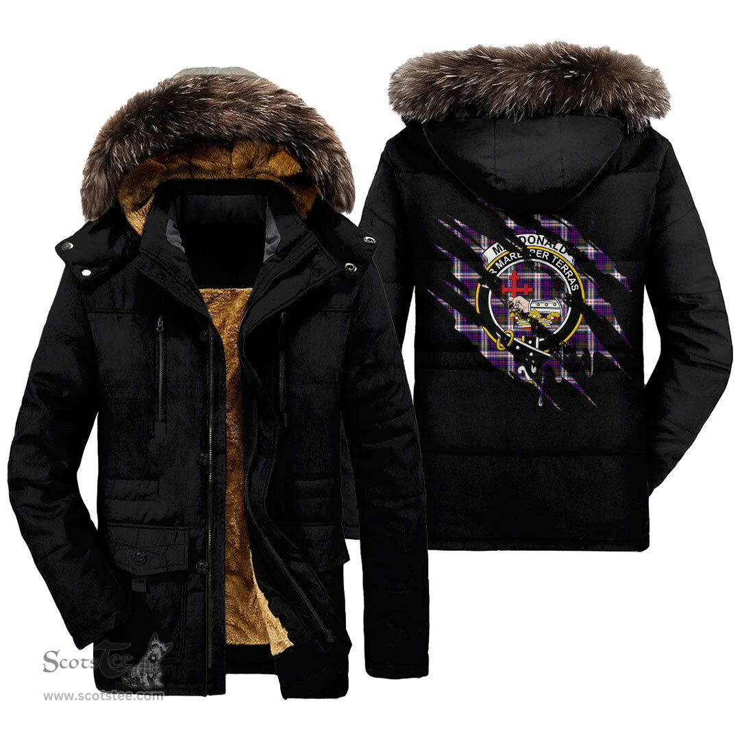 ScotsTee Shop Scottish MacDonald Dress Modern Clan Crest Tartan Scratch Tartan Faux Fur Hooded Parka Jacket
