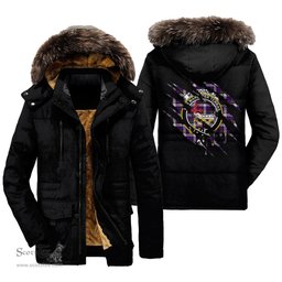 ScotsTee Shop Scottish MacDonald Dress Modern Clan Crest Tartan Scratch Tartan Faux Fur Hooded Parka Jacket