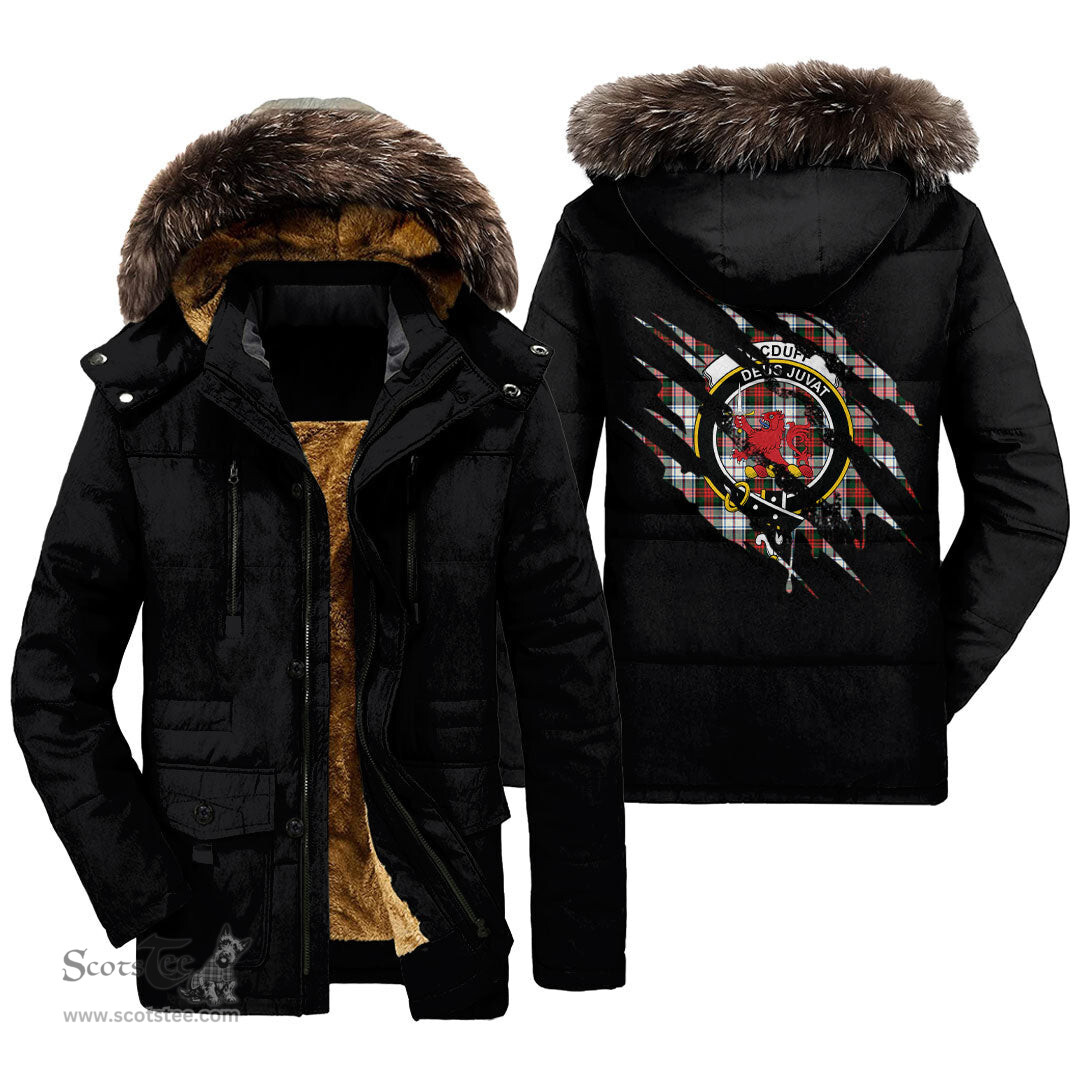 ScotsTee Shop Scottish MacDuff Dress Modern Clan Crest Tartan Scratch Tartan Faux Fur Hooded Parka Jacket