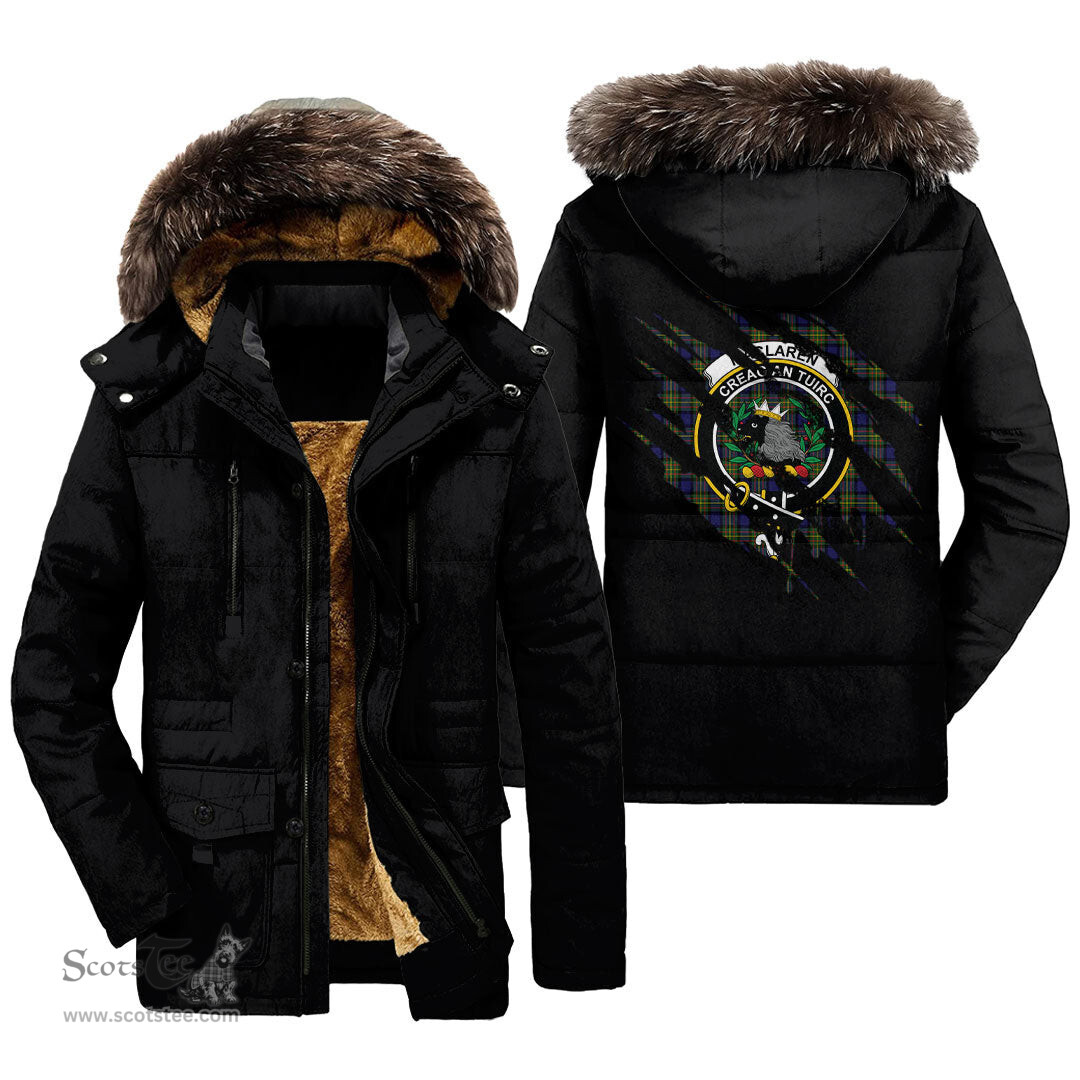 ScotsTee Shop Scottish MacLaren Modern Clan Crest Tartan Scratch Tartan Faux Fur Hooded Parka Jacket