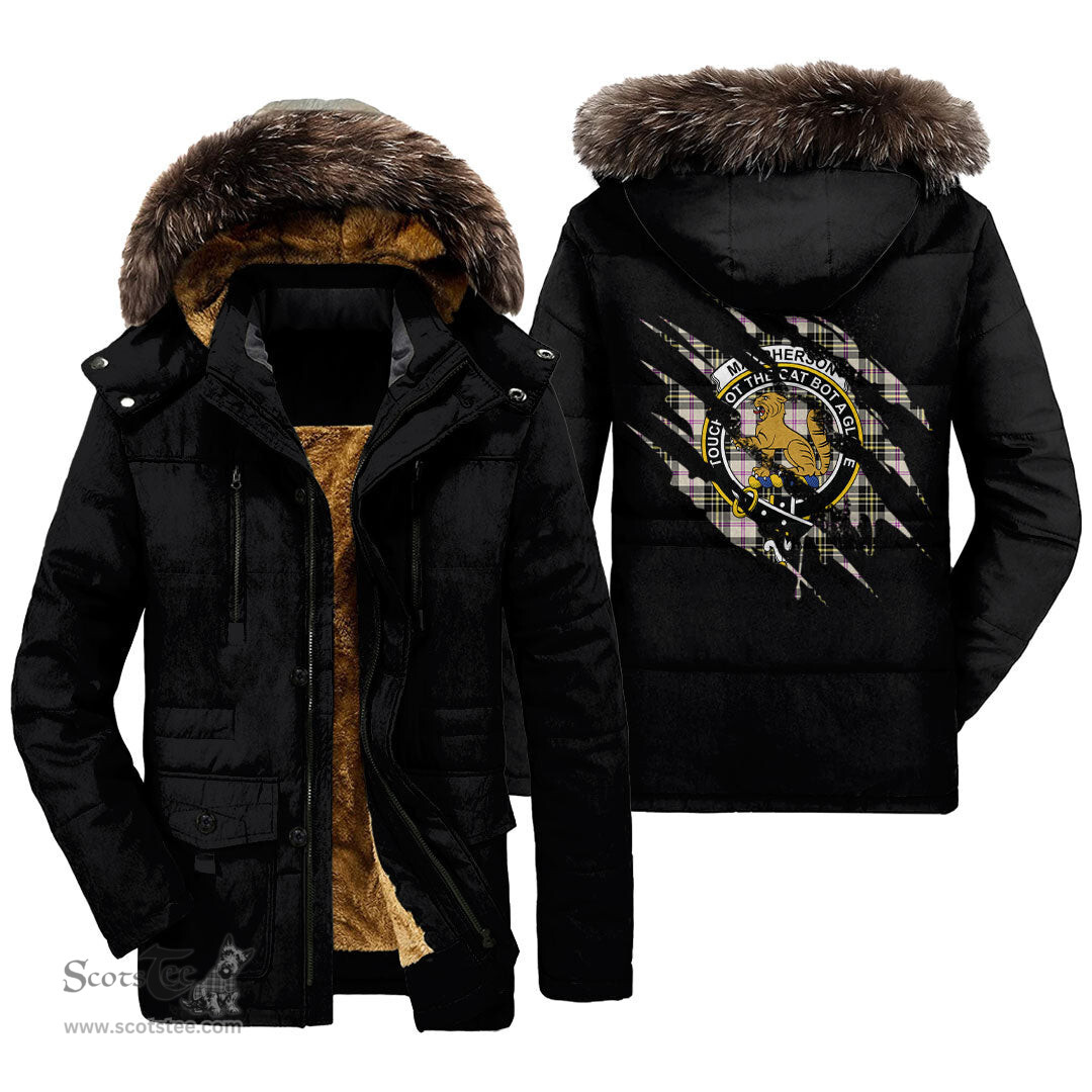 ScotsTee Shop Scottish MacPherson Dress Ancient Clan Crest Tartan Scratch Tartan Faux Fur Hooded Parka Jacket