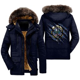ScotsTee Shop Scottish MacLaine of Loch Buie Hunting Ancient Clan Crest Tartan Scratch Tartan Faux Fur Hooded Parka Jacket