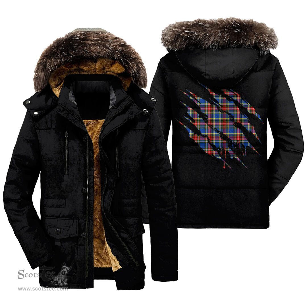 ScotsTee Shop Scottish MacBeth Modern Clan Tartan Scratch Tartan Faux Fur Hooded Parka Jacket