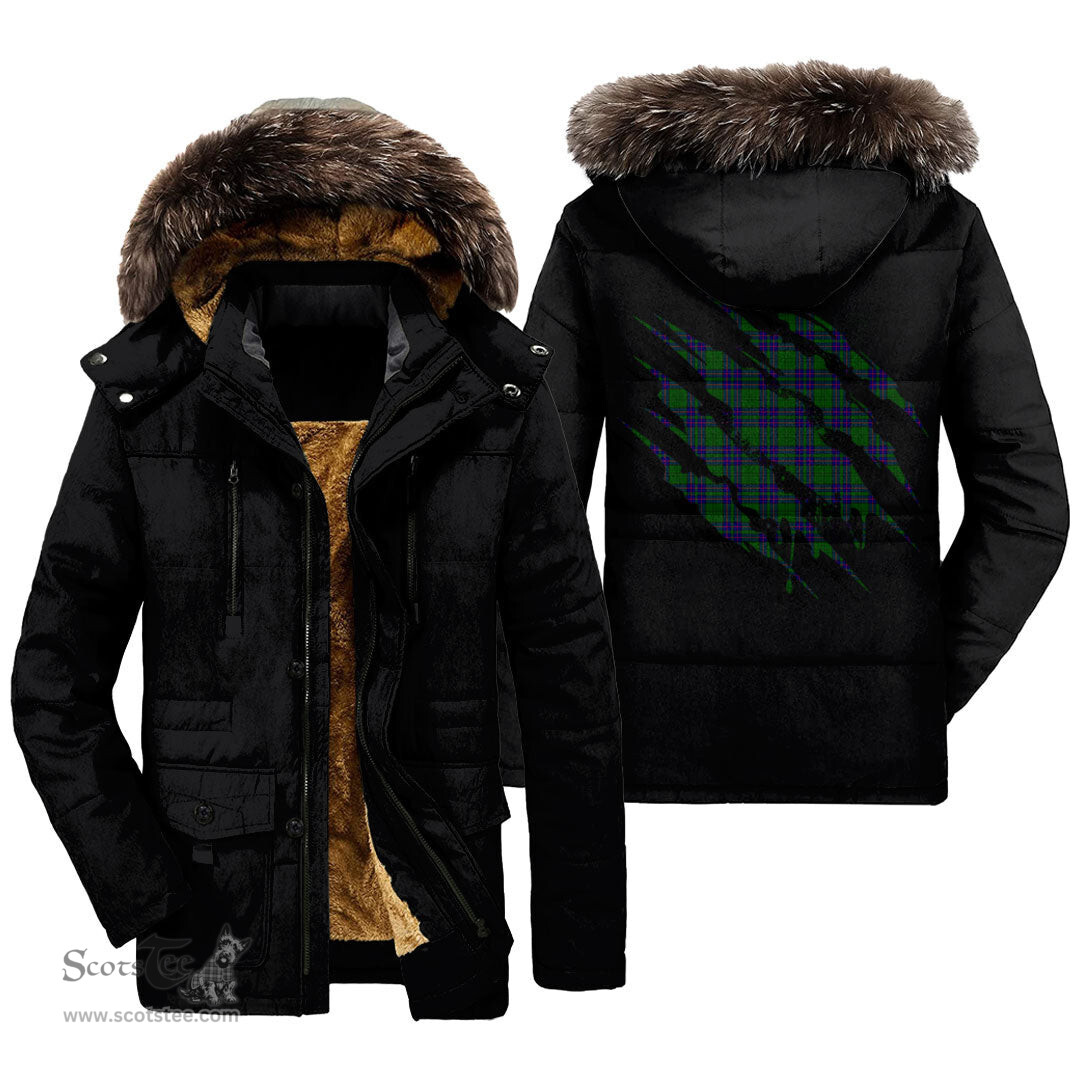 ScotsTee Shop Scottish Lockhart Modern Clan Tartan Scratch Tartan Faux Fur Hooded Parka Jacket