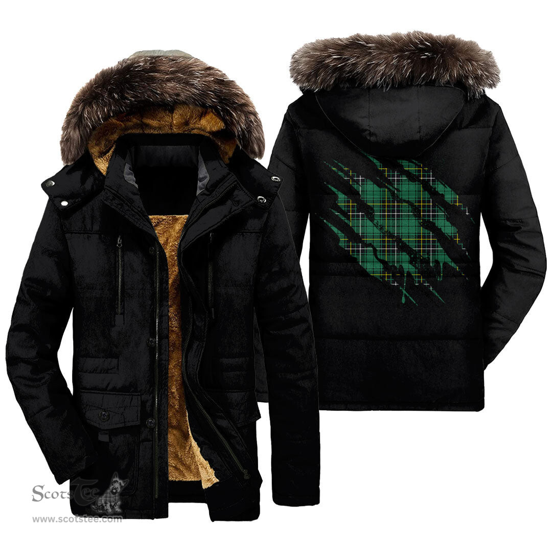 ScotsTee Shop Scottish MacAlpine Ancient Clan Tartan Scratch Tartan Faux Fur Hooded Parka Jacket